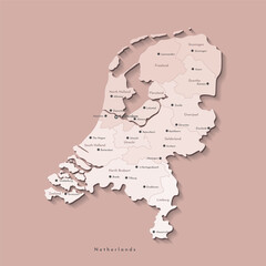 Vector isolated modern illustration. Simplified administrative map of Netherlands in beige colors. Names of the cities and provinces. Brown background.