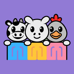 Cute cartoon cow sheep chicken holding colorful blocks