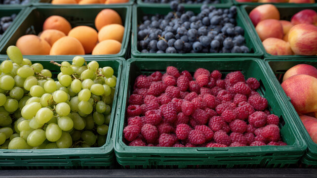 Fresh fruit market crate raspberry grape