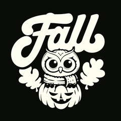 Cute owl wearing scarf sits on carved pumpkin with fall leaves
