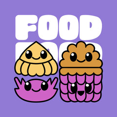 Cute kawaii food characters smiling on purple background