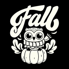 Cute owl wearing scarf sitting on pumpkin with fall text