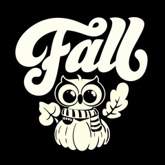 Cute owl wearing scarf sitting on pumpkin with fall leaves