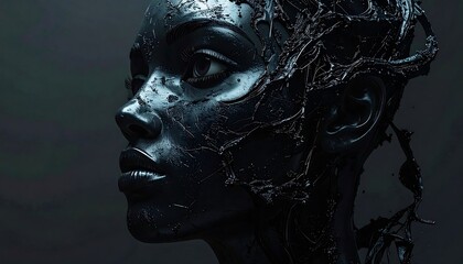 Dark portrait of a woman, with intricate textures and patterns on her skin, against a moody dark background