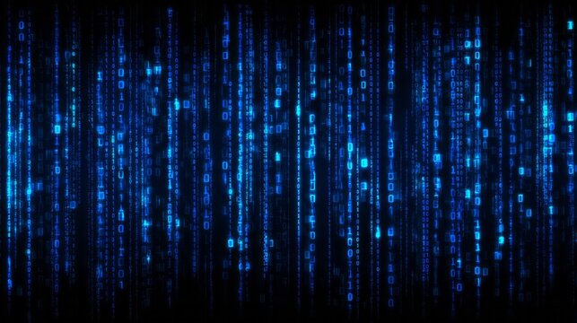 Digital data streams flow downward in vertical luminous blue columns against a dark background
