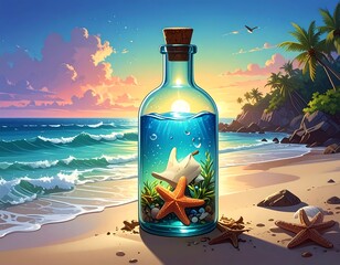 Dreamy beach scene; bottle holds a seascape. Tropical sunset, calm waves, sand, shells, and vivid colors abound