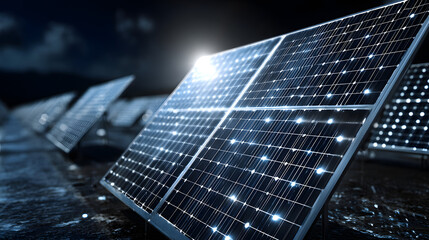 Solar power plant panel close-up view background. Electric solar battery station panels cells. Clean ecological electricity production, renewable energy concept.