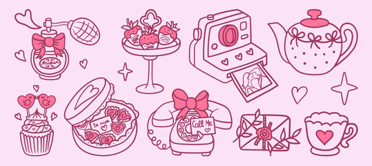 Cute pink Valentine doodle set with perfume, chocolate box, cupcake, strawberries, instant camera, teapot, rotary phone, love letter, and heart cup, perfect for romantic cards, stickers, and gifts.