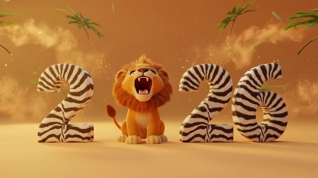 Animated lion cub interacts with zebra stripe 2026 numerals on golden background. Happy smiling and roaring sequence for new year celebration concept.