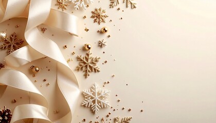 Festive Elegance: A luxurious composition of delicate gold snowflakes and a flowing ivory ribbon cascade gracefully across a serene backdrop, evoking a sense of seasonal beauty and festive cheer.