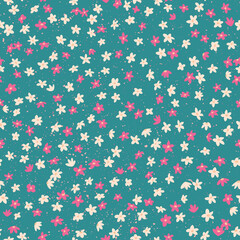 Spring meadow. Pattern with purple and cream tiny flowers on turquoise