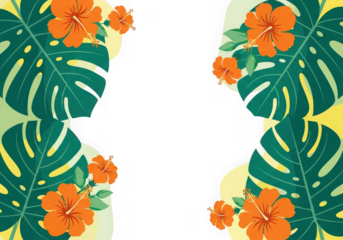 Tropical border frame vibrant orange hibiscus flowers green monstera leaves, isolated on transparent background