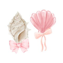 Cute dreamy coquette seashells with pink bows. Watercolor femininity marine clipart. Perfect for baby shower cards, nursery posters, packaging, textiles, stickers, and underwater-themed prints