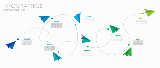 Fototapeta na wymiar Infographic with colorful paper airplanes on a winding path, illustrating progress or workflow in a modern layout. Vector illustration.