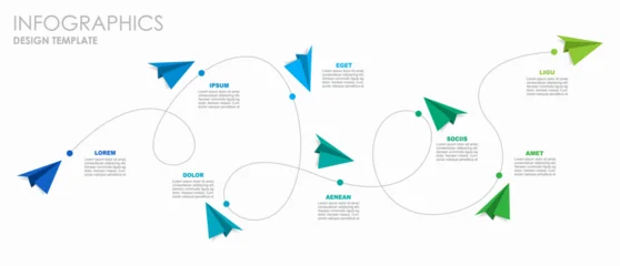 Selbstklebende Fototapeten Sportgeschäft Infographic with colorful paper airplanes on a winding path, illustrating progress or workflow in a modern layout. Vector illustration.  © Khvost