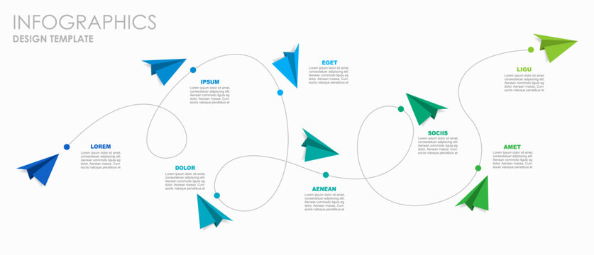 Infographic with colorful paper airplanes on a winding path, illustrating progress or workflow in a modern layout. Vector illustration.