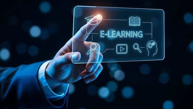 E-learning Concept: Businessman Interacting with Virtual Digital Screen