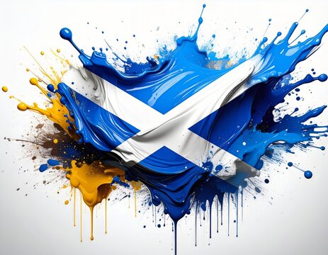 Scotland flag explodes in a dynamic splash of blue and white paint, accented with golden drips. The energetic, artistic design captures national pride with bold, modern flair.