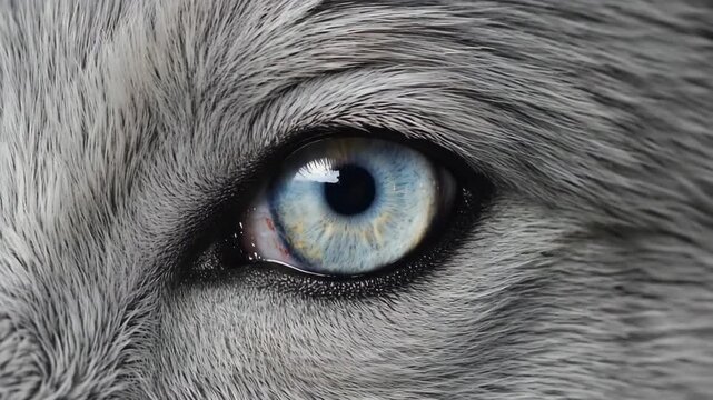Intense gaze of a wild wolf with mesmerizing blue eyes, capturing raw power and untamed spirit in this close up, perfect for conservation or nature themed content