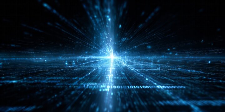 Digital data stream converges into a brilliant central light source in a dark cyberspace environment