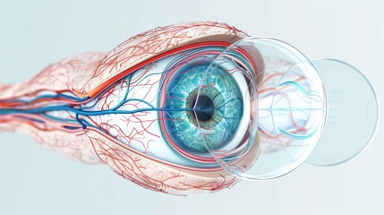 Detailed medical illustration of eye's drainage system, trabecular meshwork and Schlemm's canal highlighted in color, aqueous humor flow arrows, anatomical cross-section