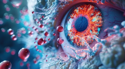 Detailed pharmacological illustration of glaucoma medication mechanism, drug molecules interacting with aqueous humor production sites, ciliary body epithelium cellular detail