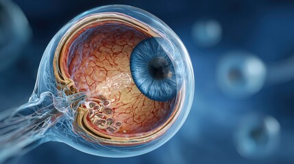 Highly detailed medical illustration of the human eye showing glaucoma pressure buildup, cutaway anatomy view, crisp linework, soft shading, realistic textures