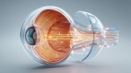 Hyper-detailed 3D model of increased intraocular pressure, translucent layers of the eye, glowing pressure indicators, medical CGI lighting