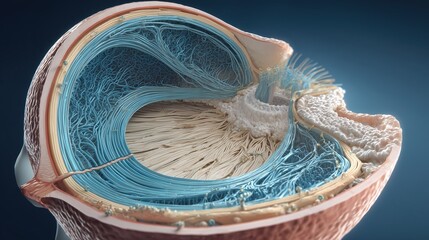 Highly detailed medical illustration of the human eye showing glaucoma pressure buildup, cutaway anatomy view, crisp linework, soft shading, realistic textures
