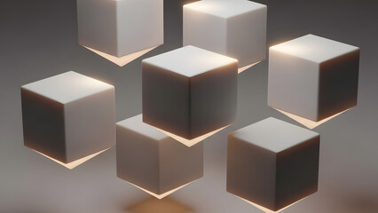 Elegant floating cubes with soft light create a modern, minimalist ambiance perfect for sophisticated branding and innovative tech concepts