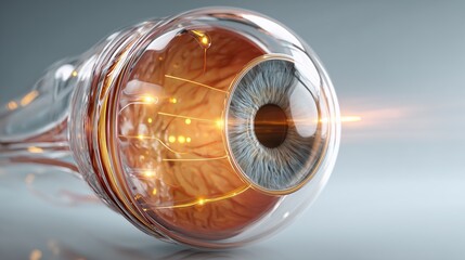 Hyper-detailed 3D model of increased intraocular pressure, translucent layers of the eye, glowing pressure indicators, medical CGI lighting