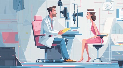 Stylized yet realistic illustration of a glaucoma eye exam, patient sitting at tonometry device, soft medical colors, clear lines, subtle textures