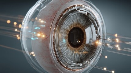 Hyper-detailed 3D model of increased intraocular pressure, translucent layers of the eye, glowing pressure indicators, medical CGI lighting