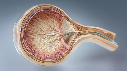 Medical illustration of optic nerve degeneration caused by glaucoma, cross-sectional eye diagram, precise anatomical drawing, smooth gradients, encyclopedic illustration style