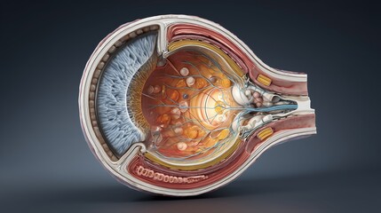 Medical illustration of optic nerve degeneration caused by glaucoma, cross-sectional eye diagram, precise anatomical drawing, smooth gradients, encyclopedic illustration style