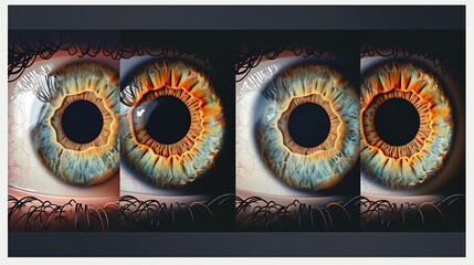 Medical infographic showing glaucoma vision loss progression stages, four panels from normal vision to tunnel vision, realistic patient perspective simulation, black peripheral vision loss gradient