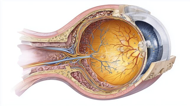 Medical illustration of optic nerve degeneration caused by glaucoma, cross-sectional eye diagram, precise anatomical drawing, smooth gradients, encyclopedic illustration style