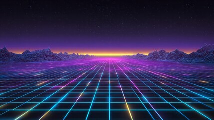Digital neon grid extends toward a glowing horizon beneath a starry night sky and wireframe mountains