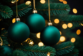 Fototapeta premium Elegant green Christmas bauble with golden bokeh lights
