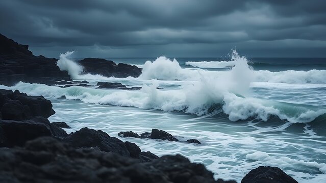 oligarchy. Ocean waves crashing against a dark rocky coastline with a stormy sky. travel magazines, destination branding, designed for outdoor magazines and nature guides.