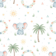 Cute Baby Elephant Safari Seamless Pattern