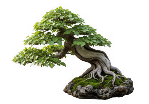 Artistic bonsai tree a curved trunk dense green leaves, firmly planted on a mosscovered stone, isolated on transparent background