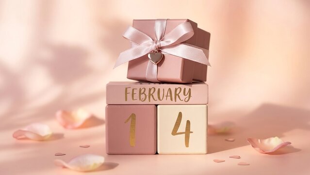Romantic Valentine's Day gift box and February 14 date blocks with delicate rose petals, perfect for love themed cards and social media posts - Powered by Adobe
