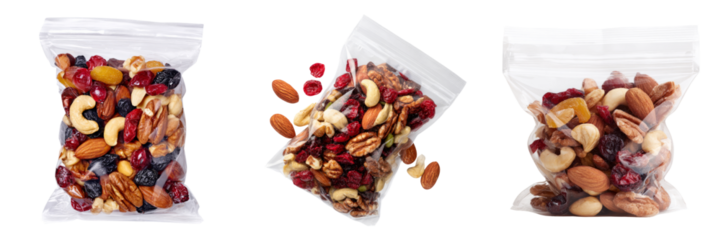 Colorful mixed nuts in clear bags on transparent background food photography studio shot