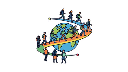 Naklejka premium Illustration of diverse people from different professions holding a curved line around the Earth with a white background.