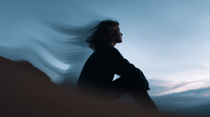 Woman silhouette meditating at sunset with flowing hair. Mental health wellness, spiritual healing, mindfulness practice. Peaceful evening sky, inner peace and emotional balance concept.