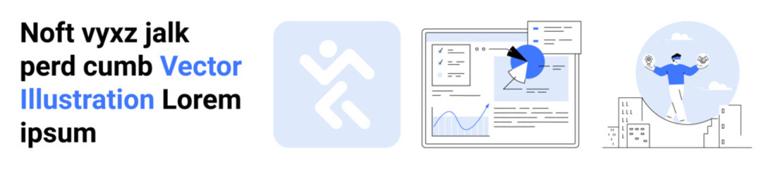 Data analysis, teamwork, active living, productivity, online growth, corporate processes. statistics chart, running man icon and teamwork visuals. Data analysis teamwork concept