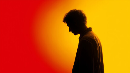 Silhouette of sad man in profile against vibrant red orange yellow gradient background. Depression, stress, loneliness and mental health concept with dramatic warm lighting and contemplative mood.