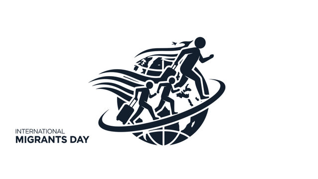 International Migrants Day logo with silhouettes of people running around a globe on a white background.