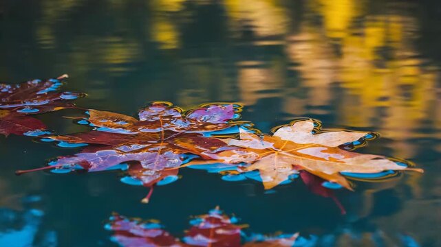 Autumn leaves gently floating on a serene pond, reflecting golden sunlight, creating a peaceful and tranquil atmosphere, perfect for seasonal backgrounds and nature themes